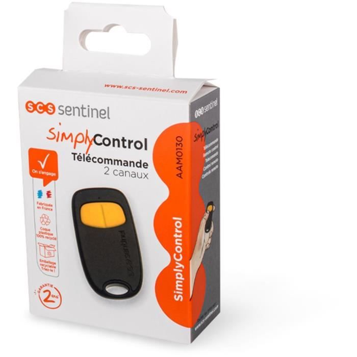 Télécommande 2 canaux - SCS SENTINEL - SimplyControl - Jaune, portée 40m, fréquence 433.92 MHz, pile lithium CR2032 incluse
