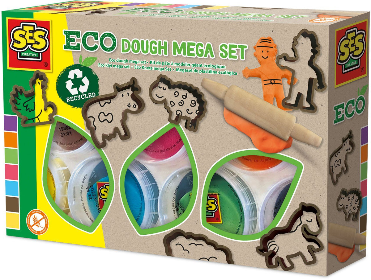 Kit de pâte a modeler géant écologique (7x90 g avec outils) - SES CREATIVE - Dough - Fabriqué aux Pays-Bas - Rouleau bois - Age : 2+