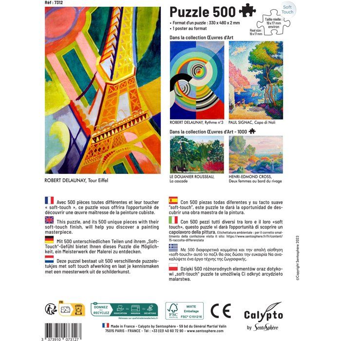 Puzzle - SENTOSPHERE - Calypto - 500 pieces - Tour Eiffel - Robest Delauney - Toucher soyeux - Des 8 ans