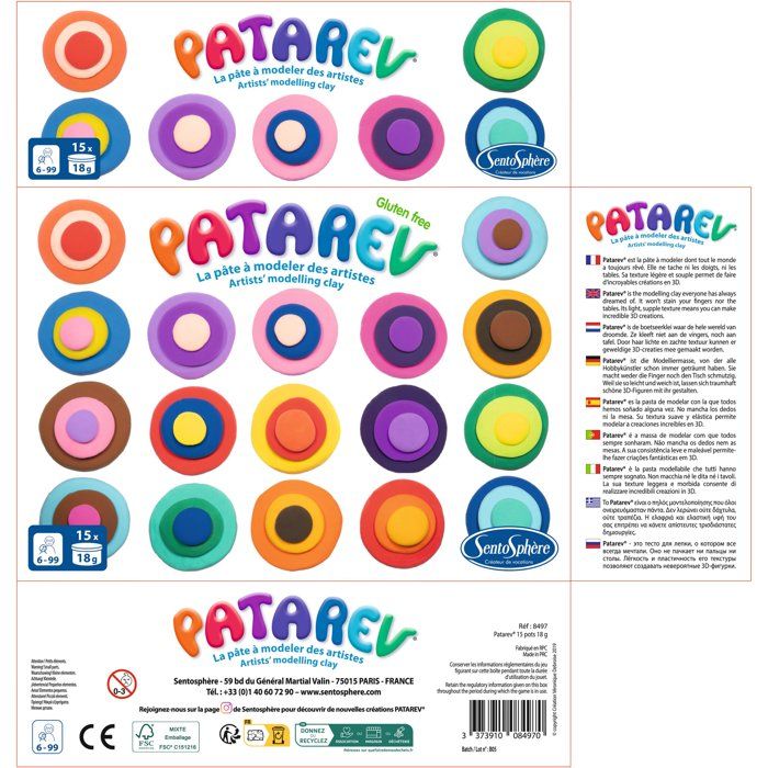 Pate a modeler autodurcissante - SENTOSPHERE - Patarev - Coffret 15 pots de 18g - Différentes Couleurs - Des 8 ans