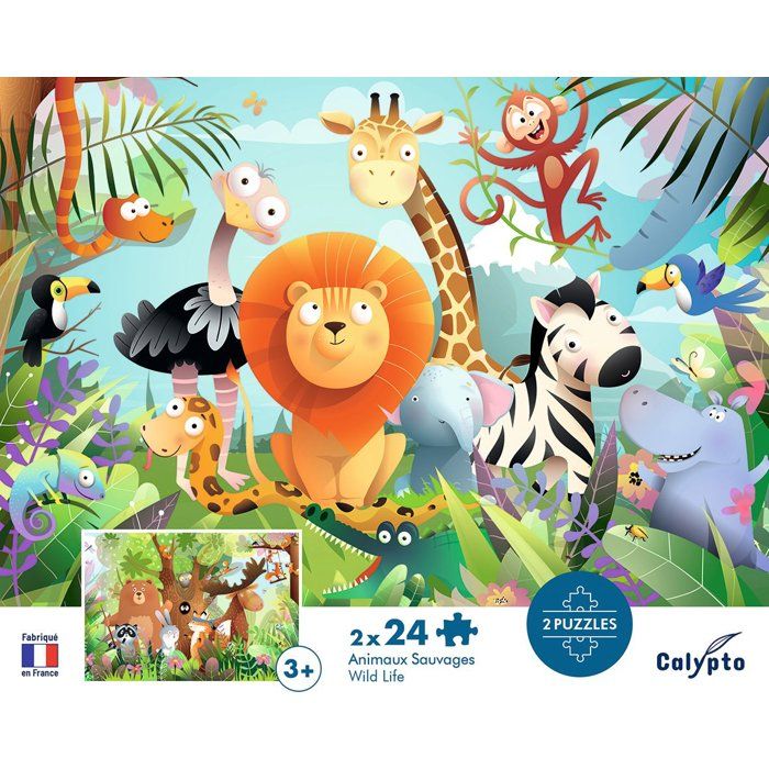 2 Puzzles - SENTOSPHERE - 24 pieces - Animaux Sauvages - Observation - Mémoire - Logique - Des 3 ans