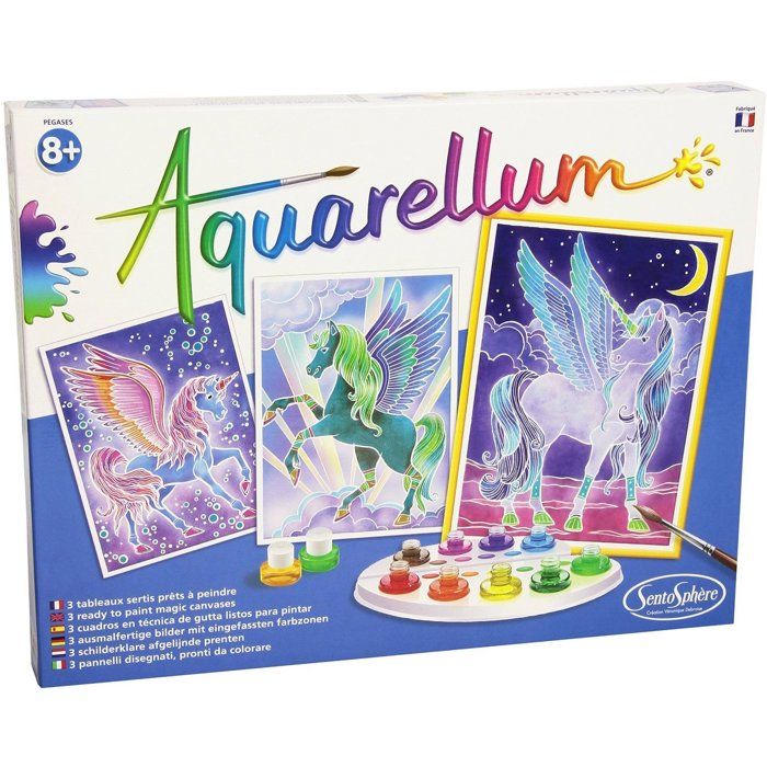 Peinture aquerelle - SENTOSPHERE - Aquarellum - Pégases - 9 couleurs - 3 tableaux - Sertissage sur papier Vélin - Des 7 ans