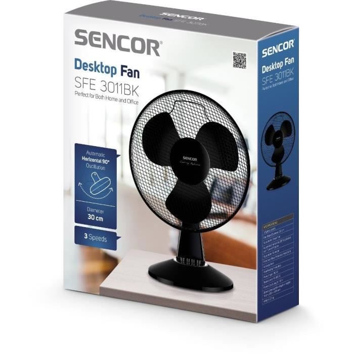 Ventilateur de bureau - Sencor - SFE 3011BK - 3 vitesses - Oscillation 90° - 30 cm de diametre