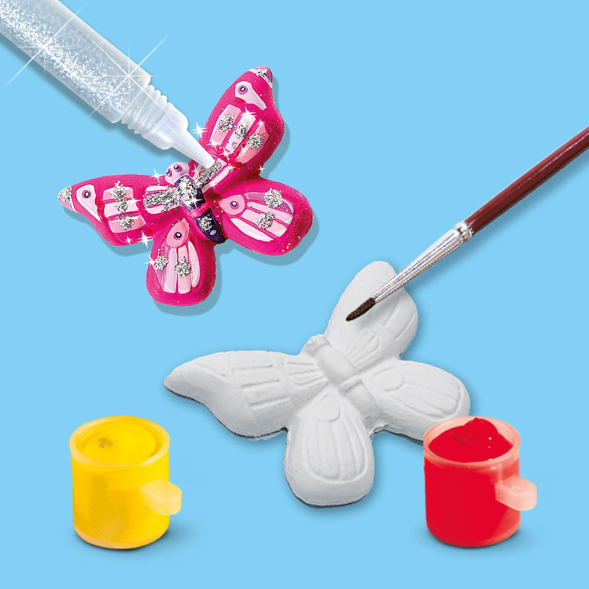 SES Creative - Kit Moulage Plâtre Papillons - 6 Couleurs de Peinture + Pinceau + Paillettes - Activité Créative Enfants 5+