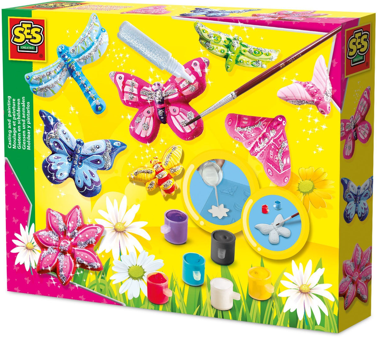 SES Creative - Kit Moulage Plâtre Papillons - 6 Couleurs de Peinture + Pinceau + Paillettes - Activité Créative Enfants 5+