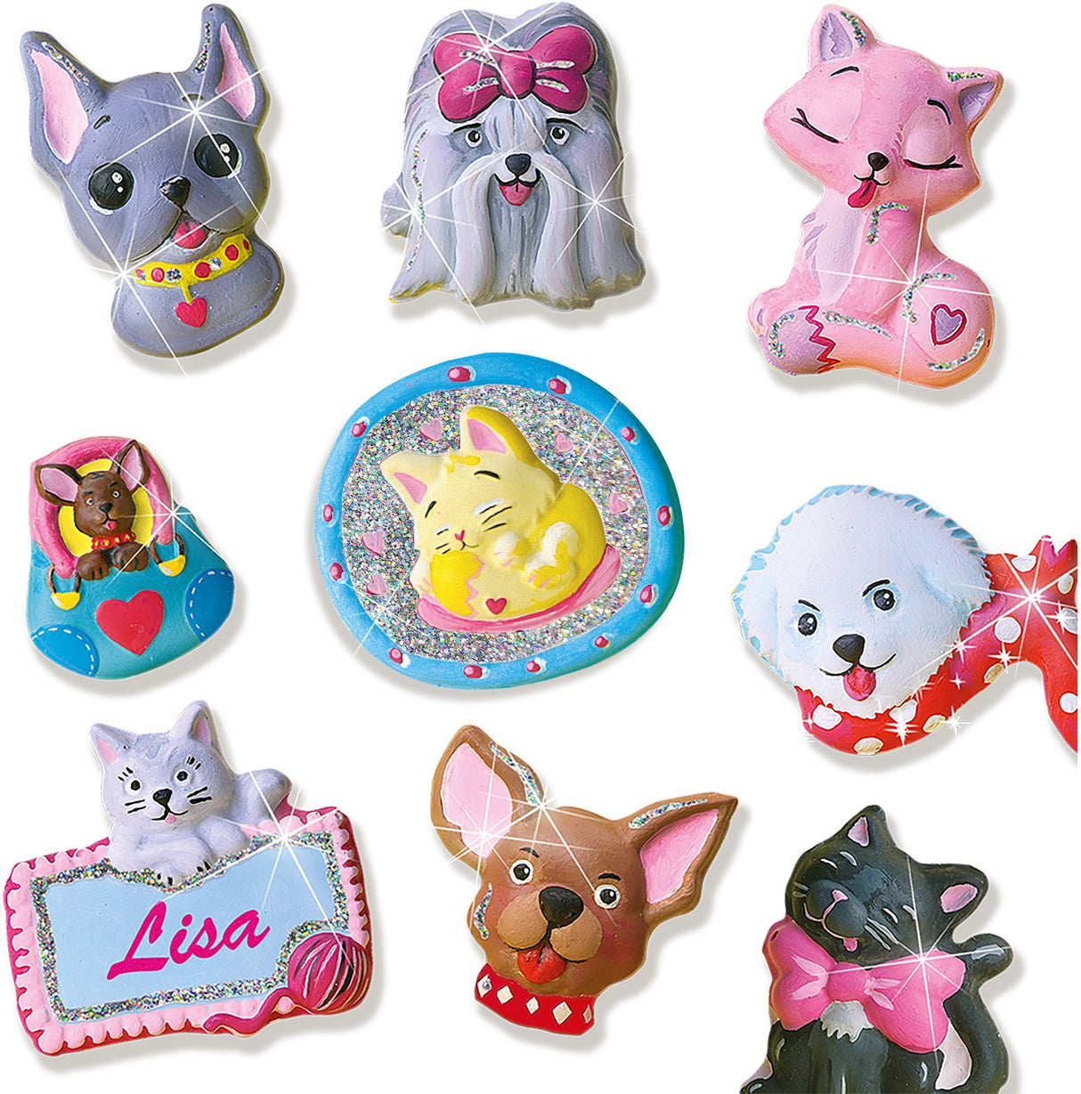 SES CREATIVE - Moulage en plâtre chiens et chats - Jaune, vert et rose - Enfant - Plus de 5 ans