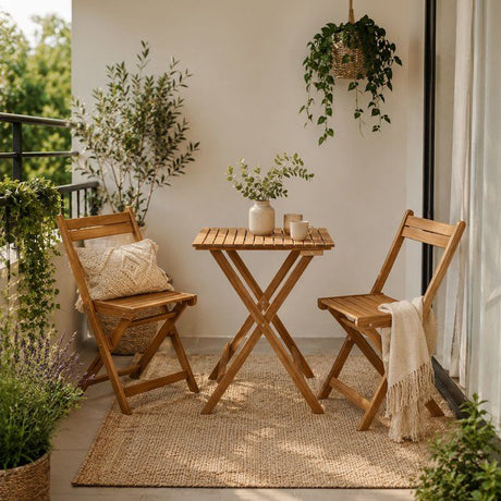 Set bistrot en bois d'acacia FSC - SAVANA - 1 table carrée 60 x 60 cm et de 2 chaises pliables - 2 personnes