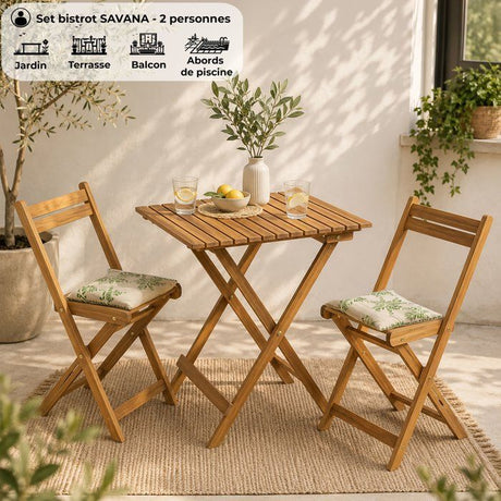 Set bistrot en bois d'acacia FSC - SAVANA - 1 table carrée 60 x 60 cm et de 2 chaises pliables - 2 personnes