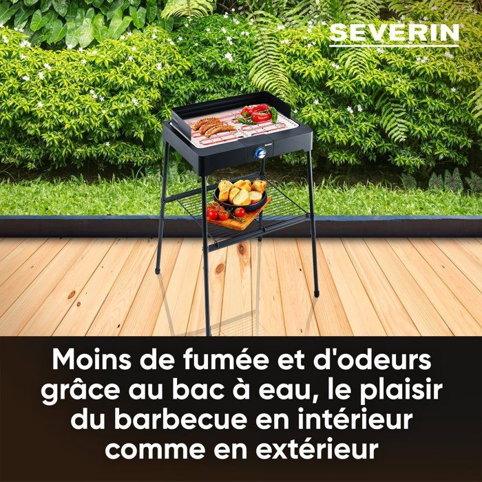 Barbecue électrique sur pieds - SEVERIN - PG8566 - 2200 W - Surface de cuisson 44,5 x 26 cm - Thermostat réglable - Noir