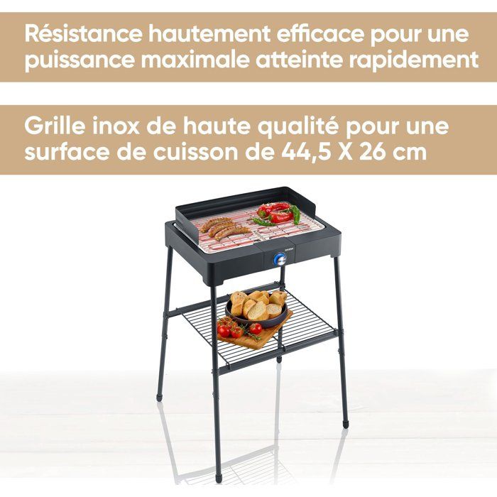 Barbecue électrique sur pieds - SEVERIN - PG8566 - 2200 W - Surface de cuisson 44,5 x 26 cm - Thermostat réglable - Noir