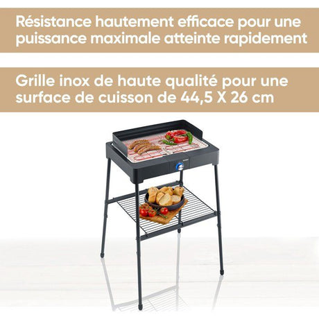 Barbecue électrique sur pieds - SEVERIN - PG8566 - 2200 W - Surface de cuisson 44,5 x 26 cm - Thermostat réglable - Noir