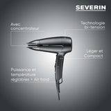 Seche-cheveux de voyage compact - SEVERIN - HT 0159 - Diffuseur & Concentrateur - 1600 W - Poignée pliable - Noir