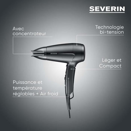 Seche-cheveux de voyage compact - SEVERIN - HT 0159 - Diffuseur & Concentrateur - 1600 W - Poignée pliable - Noir