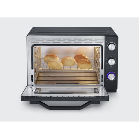 Four posable XXL a chaleur tournante SEVERIN - 60 L - 2 200 W - Tournebroche et pierre a pizza - Noir/Inox