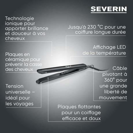 Fer a lisser ionique - SEVERIN - HG 0622 - Revetement céramique - Indicateur température LED - Chauffe rapide - Noir