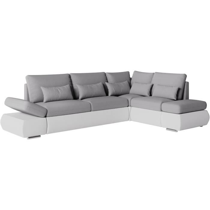 Canapé d'angle réversible convertible SEVARA 4 places - PU blanc et tissu gris clair - Coffre de rangement - L267 x P200 x H90 cm