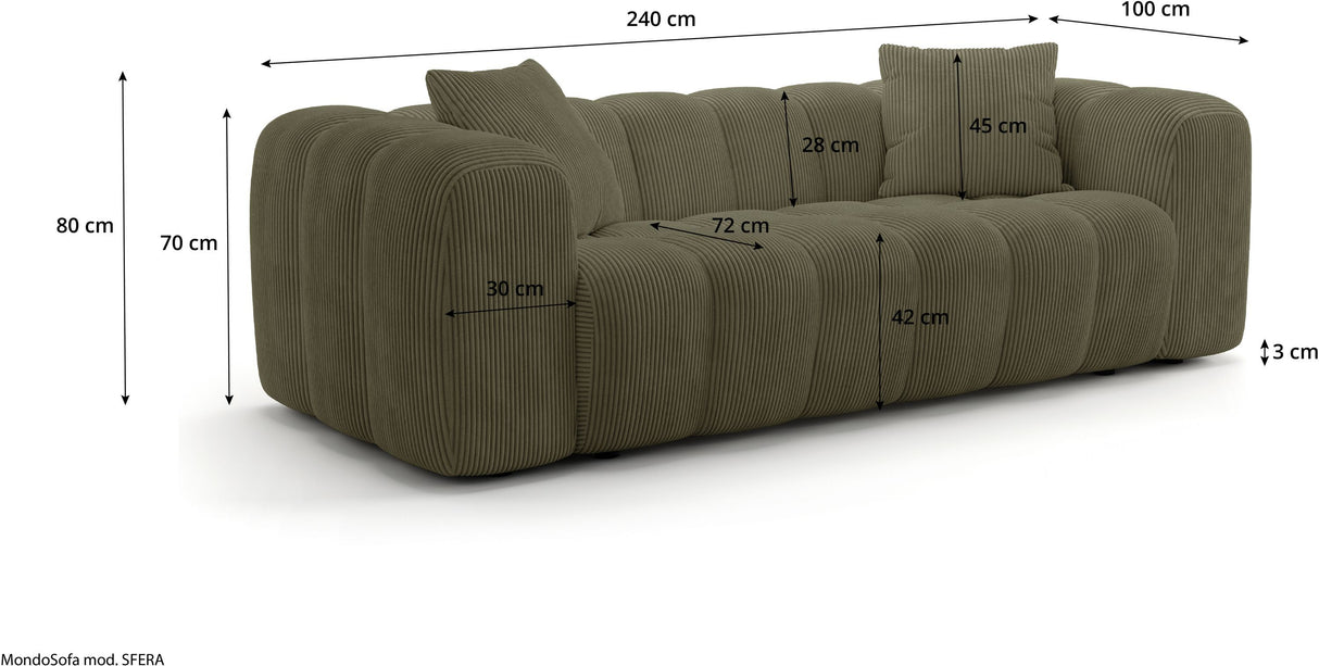 Canapé fixe - 3 places - SFERA - Tissu Vert - 240 x 100 x 80 cm
