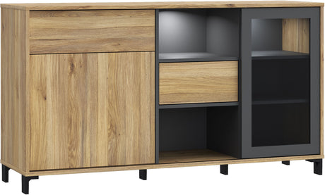 Buffet SOUTH BEACH – Finition Chene Mauvella & Gris Foncé – 2 Portes dont 1 Vitrée – 147 × 39,7 × 82,4 cm