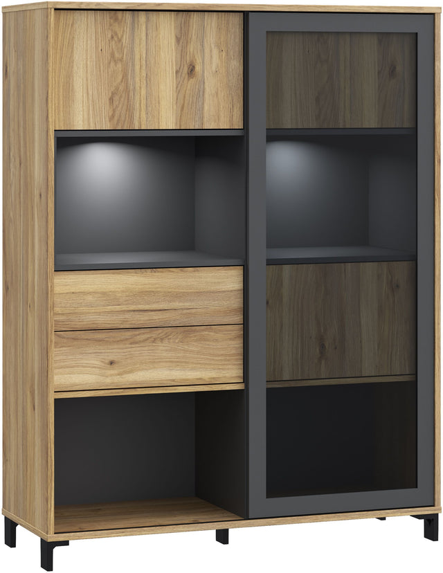 Vitrine SOUTH BEACH – Finition Chene Mauvella / Gris Foncé – 3 Portes dont 2 Vitrées – 2 Tiroirs – 115,5 × 39,7 × 149,6 cm