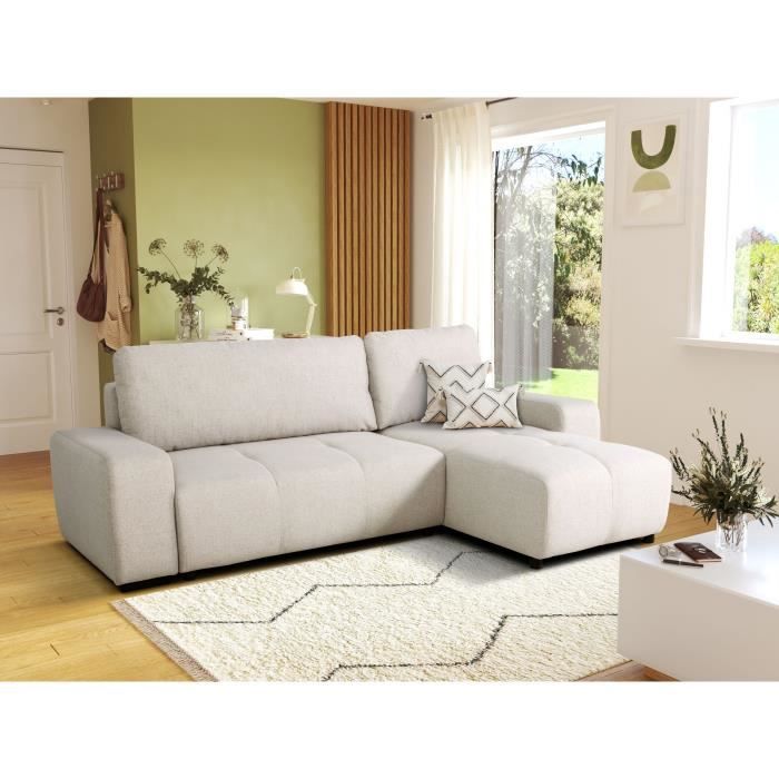 Canapé d'angle convertible réversible - 3 places - SIERRA - Avec coffre - Tissu Beige - 243 x 160 x 82 cm