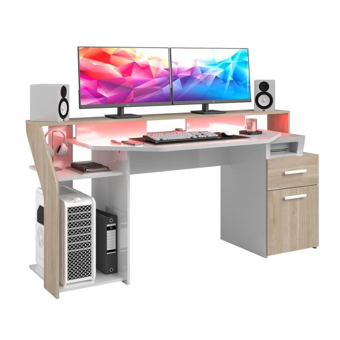 Bureau gaming avec LED Silver - Décor chene et  mélamine blanc brillant - L 178 x P 88 x H 68 cm - PARISOT