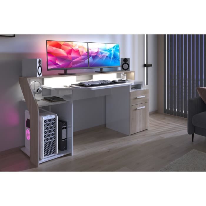 Bureau gaming avec LED Silver - Décor chene et  mélamine blanc brillant - L 178 x P 88 x H 68 cm - PARISOT