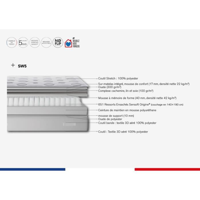 Matelas 180 x 200 SIMMONS - Hauteur 29 cm - Ressorts ensachés Sensoft - No Flip - Enveloppant - Fabriqué en France -  SW5