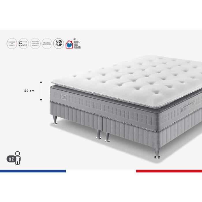 Ensemble matelas sommier 160 x 200 (Sommier 2x80) SIMMONS Hauteur 29 cm - Ressorts ensachés Sensoft - Fabriqué en France -  SW5