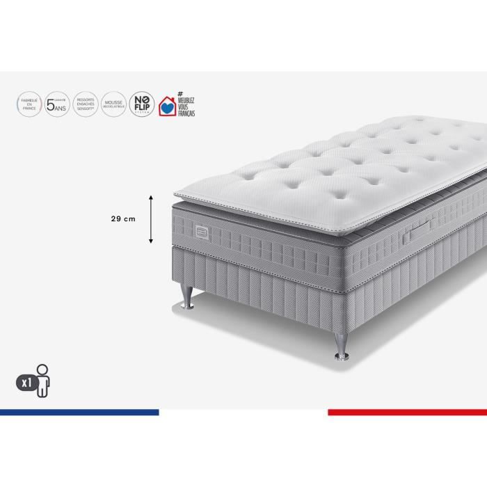 SIMMONS SW5 Ensemble 90 x 200 matelas + sommier - Ep. 29 cm - No Flip - Ressorts ensachés - Ferme - Fabriqué en France