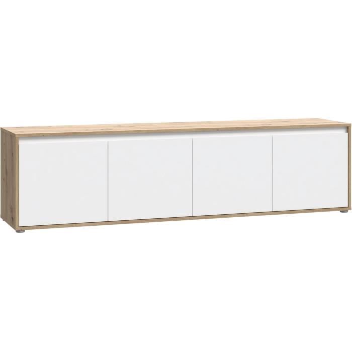 Meuble TV - SKELPE- Blanc mat et chene - 4 portes - 188,3 x 42 x 49,7 cm