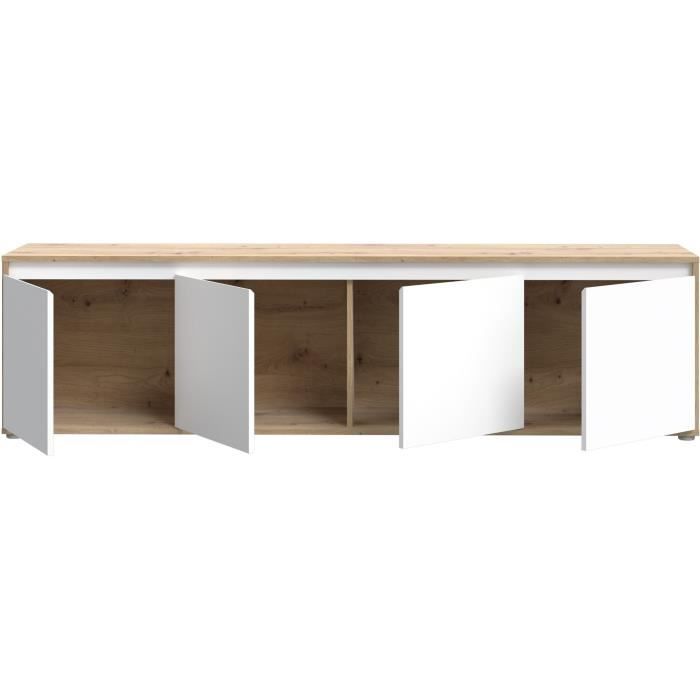Meuble TV - SKELPE- Blanc mat et chene - 4 portes - 188,3 x 42 x 49,7 cm