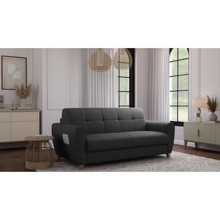 Canapé convertible express 3 places SKY - Tissu Anthracite - matelas 14cm - 192 x 100 x 88 cm