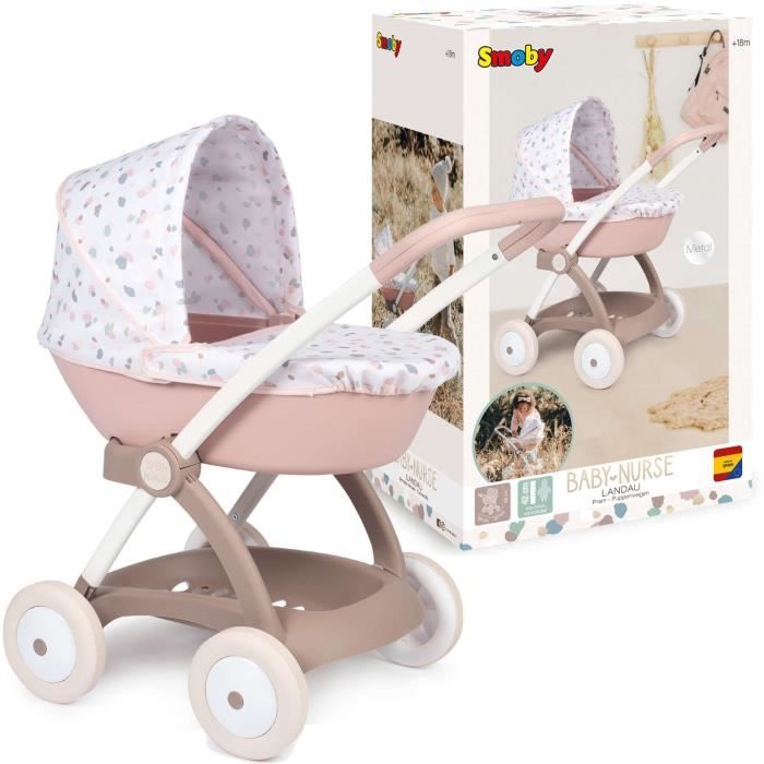 Poussette Landau pour poupÈe Baby Nurse - Smoby - Avec nacelle et canopy en plastique - Rose et blanc