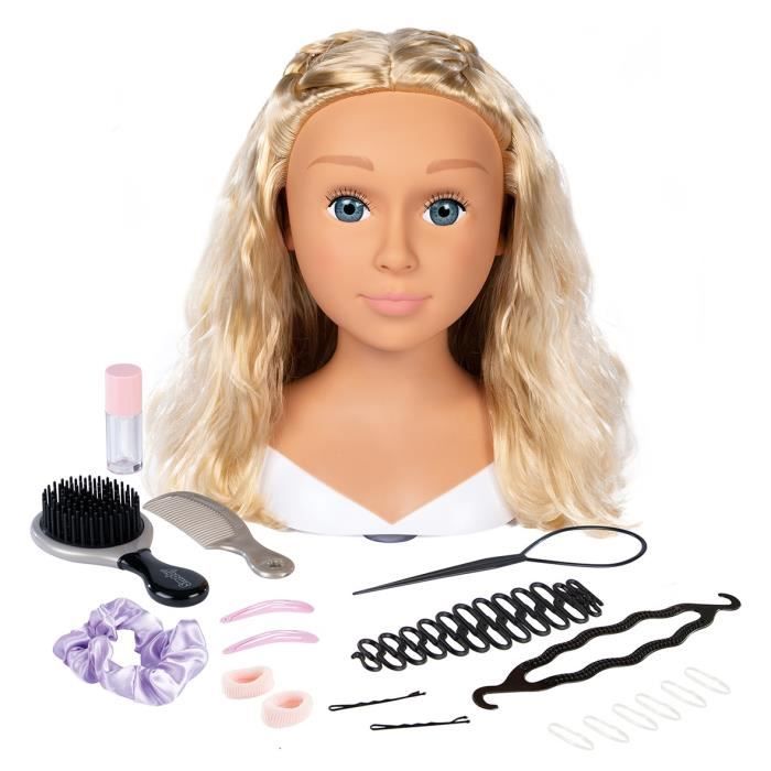 Smoby - Tete a coiffer blonde - Facile a coiffer - 19 accessoires réalistes - Levres thermosensibles - Trappe de rangement