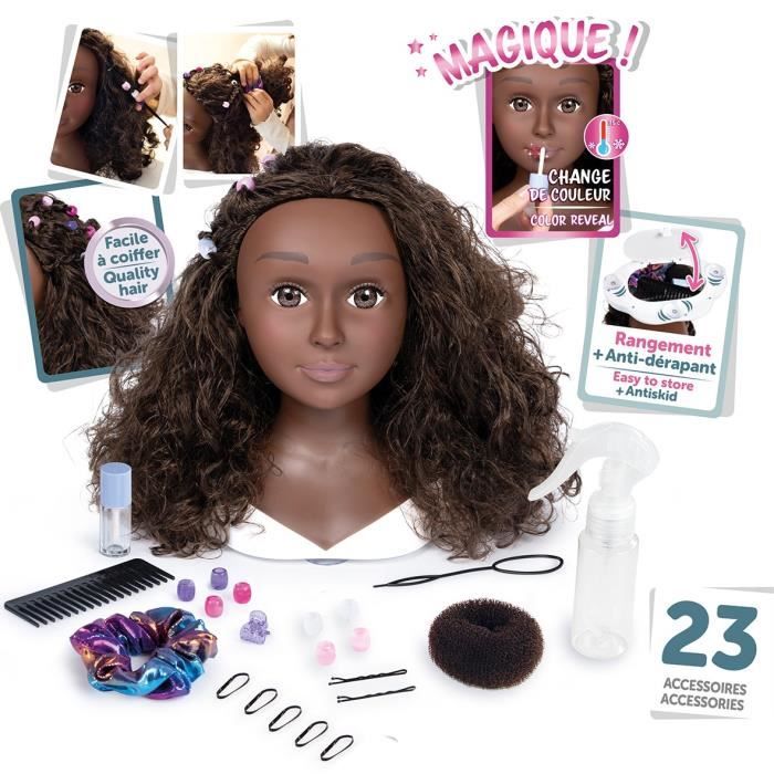 Smoby - Tete a coiffer cheveux afro - Facile a coiffer - 23 accessoires réalistes - Levres thermosensibles - Trappe de rangement