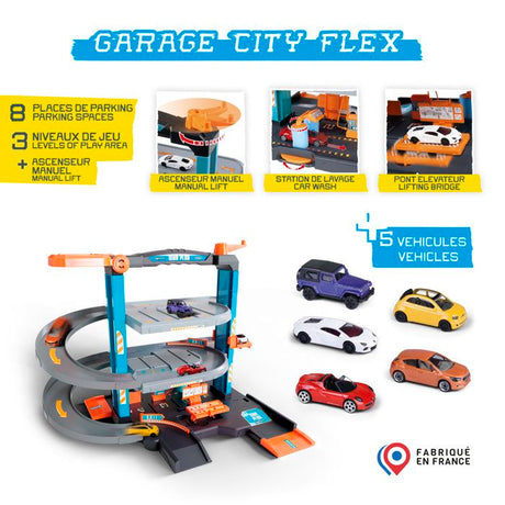 Garage City Flex - MAJORETTE - 3 niveaux - Station lavage, pompe, ascenseur- 5 véhicules inclus - Des 3 ans