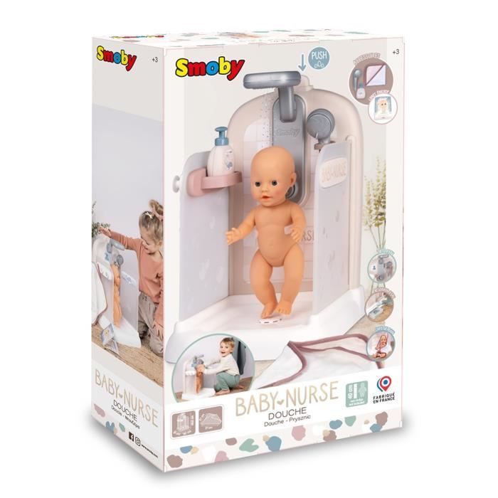 Baby Nurse - Douche - Cape de bain + pousse mousse - Douchette amovible et focntionnel - Pour poupons jusqu'a 40 cm