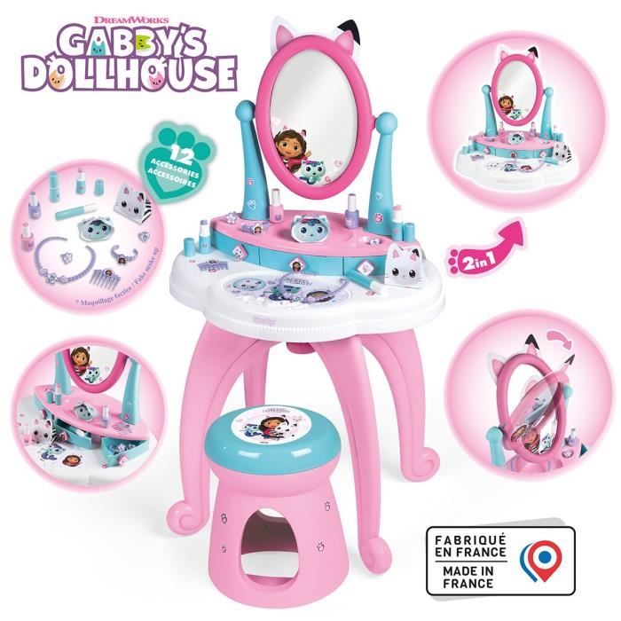 Smoby - Gabby et la Maison Magique - Coiffeuse enfant 2 en 1 - Tabouret inclus - 12 accessoires - Miroir orientable