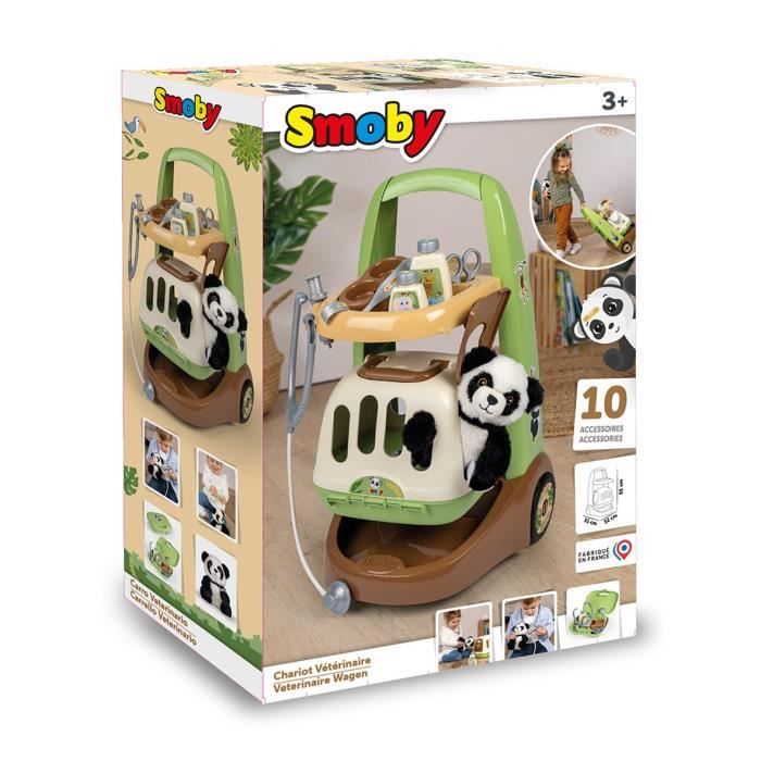 Smoby - Chariot Vétérinaire  de Zoo - Peluche Panda - Nombreux accessoires inclus - Produit 2 en 1 : Cage de transport - Fabrication