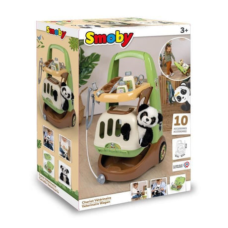 Smoby - Chariot Vétérinaire  de Zoo - Peluche Panda - Nombreux accessoires inclus - Produit 2 en 1 : Cage de transport - Fabrication