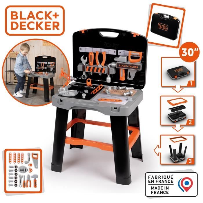Smoby - Black and Decker -Etabli Bricolo Smart - Jeu d'imitation - Mallette qui se transforme en établi - 33 accessoires inclus - Fa