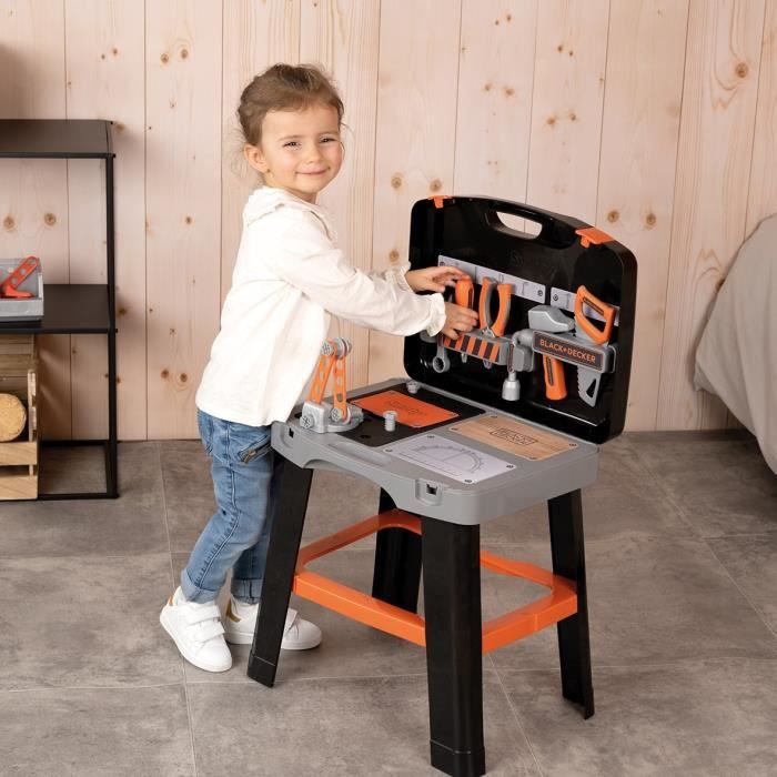 Smoby - Black and Decker -Etabli Bricolo Smart - Jeu d'imitation - Mallette qui se transforme en établi - 33 accessoires inclus - Fa