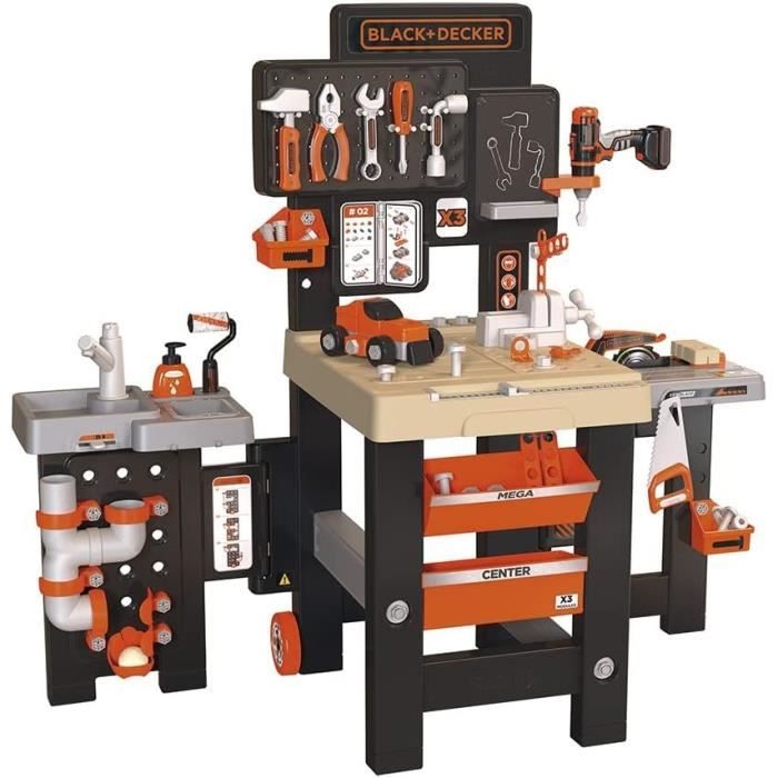 SMOBY - Black and Decker - Mega center - 3 parties : mécanique, plomberie, menuiserie - Nombreux accessoires - Fabrication française
