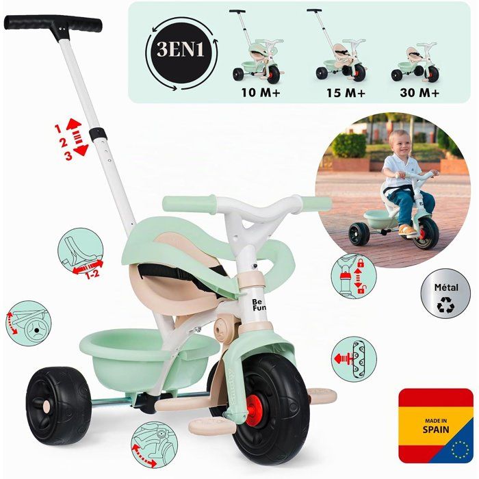 SMOBY - Tricycle Be Fun Confort - Evolutif 3 en 1 - Poignée Parentale Réglable sur 3 Hauteurs - Siege Réglable - Des 10 mois