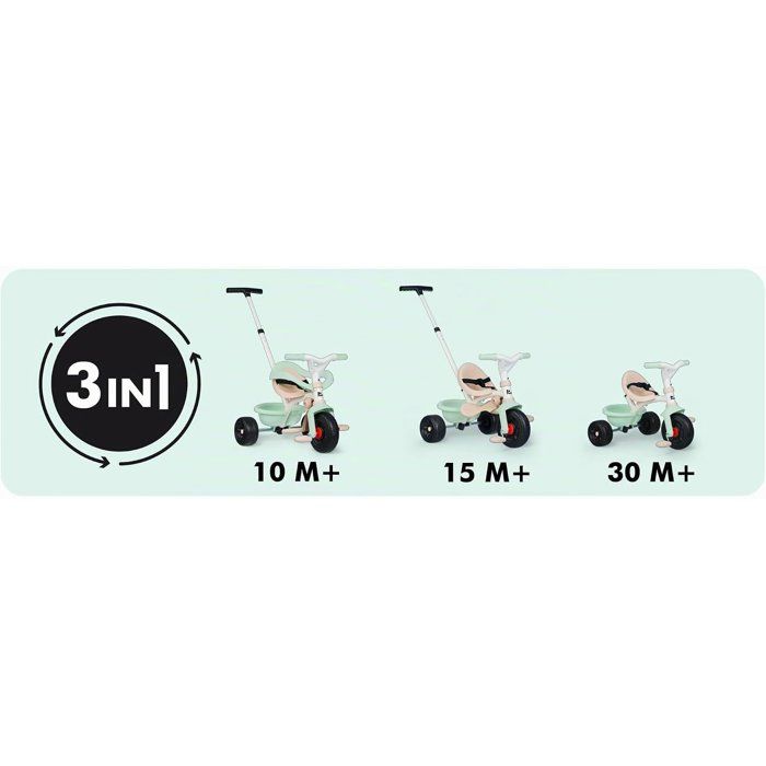 SMOBY - Tricycle Be Fun Confort - Evolutif 3 en 1 - Poignée Parentale Réglable sur 3 Hauteurs - Siege Réglable - Des 10 mois