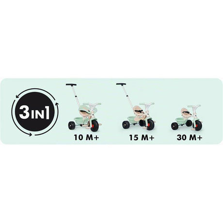 SMOBY - Tricycle Be Fun Confort - Evolutif 3 en 1 - Poignée Parentale Réglable sur 3 Hauteurs - Siege Réglable - Des 10 mois