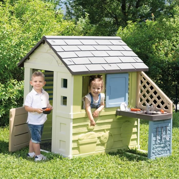 Smoby Life - Maison Pretty + Cuisine d'été - Plaque Grill et évier - 17 accessoires - Matiere Recyclée - Des 2 Ans