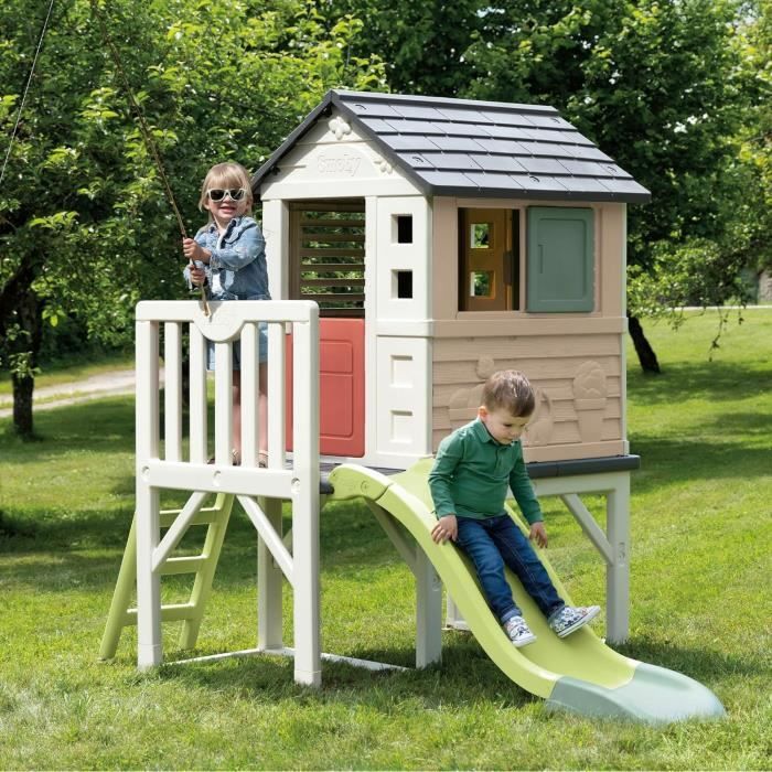 Smoby Life - Maison Pilotis avec toboggan - Nouveau colori - Plateforme 70cm - Anti-UV - Fabriqué en France