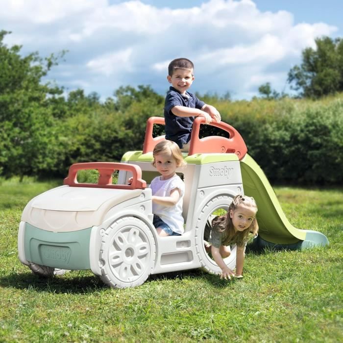 SMOBY Life - Adventure Car avec toboggan - 3 activités - Tobbogan,Bac a sable, Poste de conduite - Matiere Recyclée - Des 18 mois