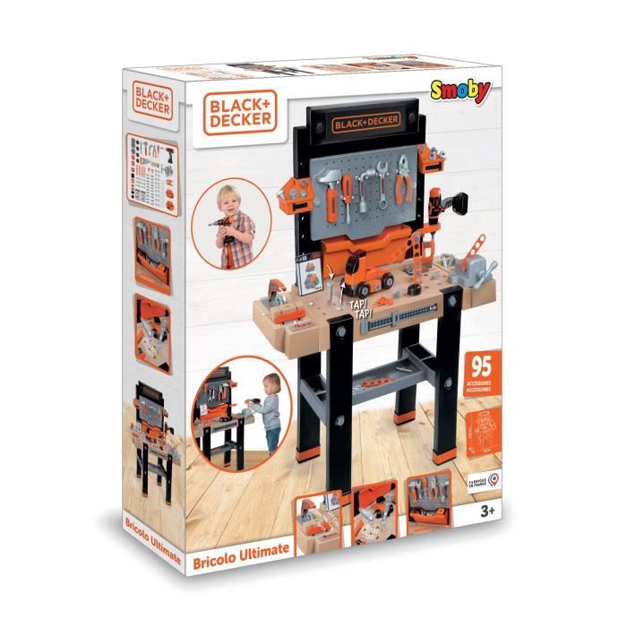 Smoby - Etabli bricolo Ultimate Black and Decker - Bruits réalistes - 95 accessoires - Voiture a construire - Fabrication française